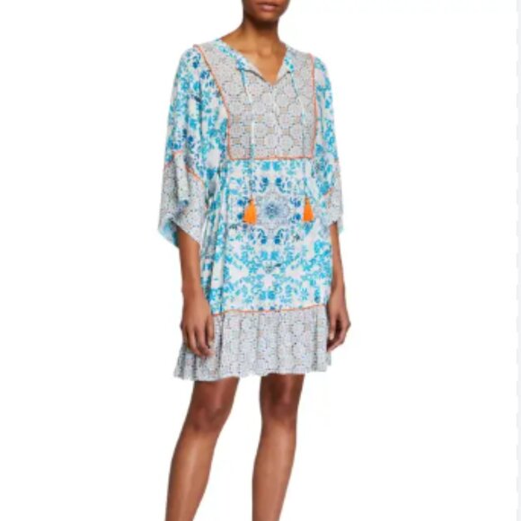 Johnny Was Ellyo Mini Tunic Coverup Dress Blue White Floral Size Small